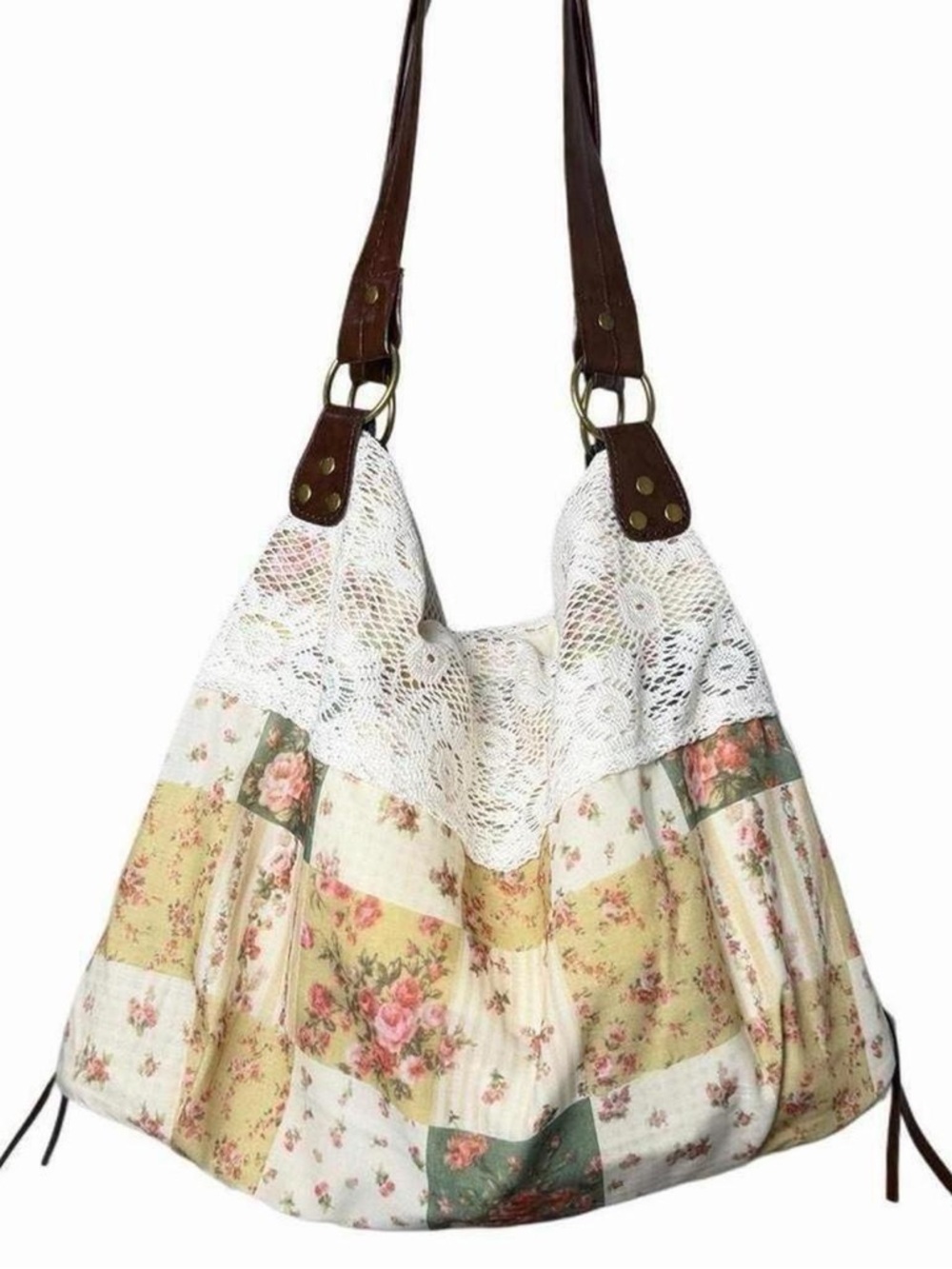 Boho Floral Patchwork Lace Cream Tote Bag Cottagecore Festival Indie Western Y2K - Picture 3 of 6